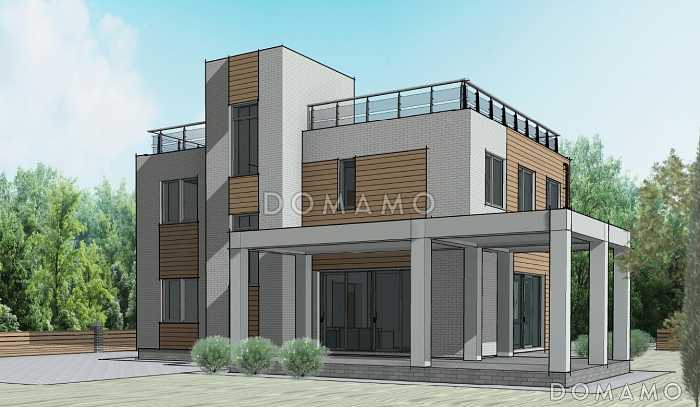 Проект загородного дома с просторной кухней-гостиной, кабинетом и сауной на втором этаже