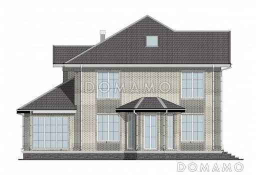 Проект двухэтажного дома с эркерной гостиной, камином и крытой террасой / Фасад 2