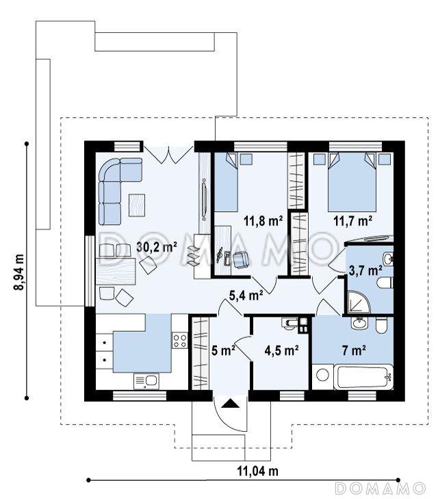 Проект простого компактного одноэтажного дома из кирпича с открытой террасой / План 1 этажа