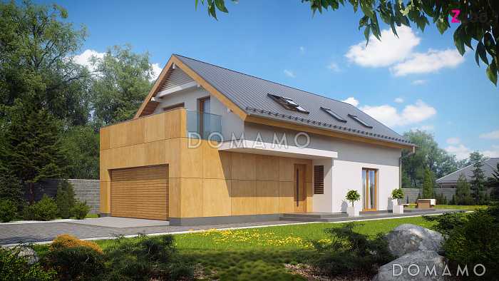 Проект одноэтажного мансардного дома из газобетона с гаражом на два автомобиля для вытянутого участка