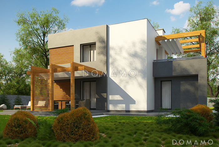 Проект двухэтажного дома с гаражом на две машины, террасами, хозяйской спальней, кухней и гостиной без перегородки