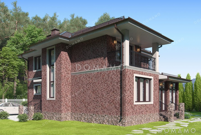 Проект двухэтажного дома с тремя спальнями и верандой