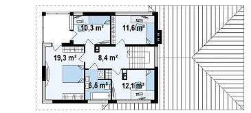 Проект современного двухэтажного дома из газобетона с четырьмя комнатами, большим гаражом, террасой и балконом / План 2 этажа
