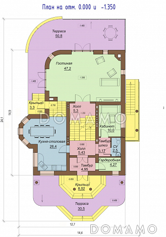 Проект двухэтажного коттеджа с цоколем, с двумя эркерами, балконом и двумя террасами / План 1 этажа