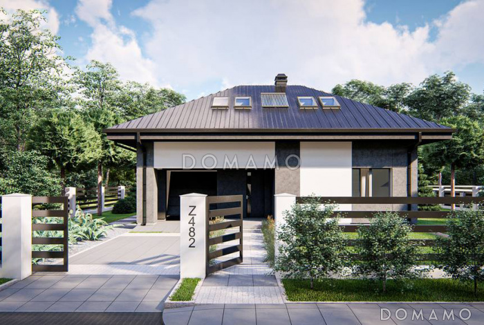 Проект дома с мансардой, гаражом, просторной гостиной с камином, тремя спальнями на мансарде