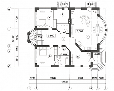 Проект дома с окнами разной формы / План 1 этажа
