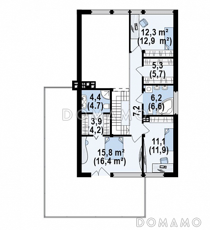 Проект двухэтажного дома из газобетона в стиле шале со вторым светом, четырьмя комнатами и гаражом / План 2 этажа