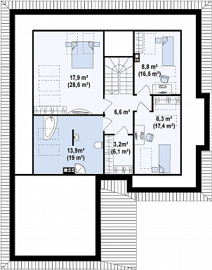 Проект одноэтажного мансардного дома из газобетона со стеклянным эркером и гаражом на два автомобиля / План мансардного этажа