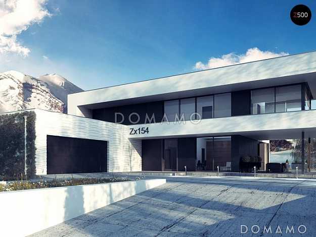 Проект просторного современного двухэтажного дома из газобетона с плоской крышей,  с верандой, гаражом и террасами на обоих этажах