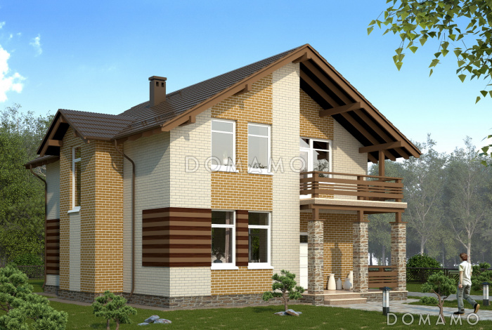 Проект облицованного кирпичом дома с панорамным эркером в кухне