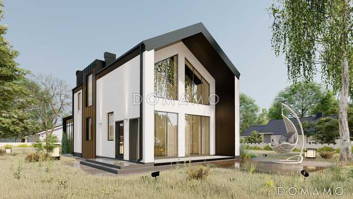 Проект двухэтажного дома из газобетона в стиле барнхаус с навесом для автомобиля и вторым светом