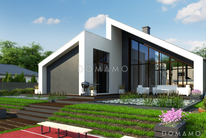 Проект комфортного одноэтажного дома с косой крышей, большими террасами, панорамным остеклением дневной зоны