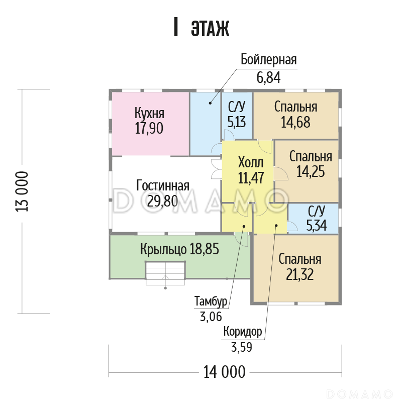 Проект одноэтажного каркасного дома с тремя спальнями / План 1 этажа