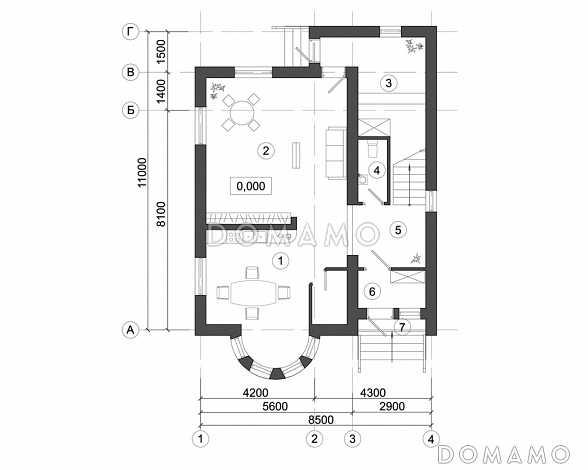 Проект компактного дома с полукруглым эркером / План 1 этажа