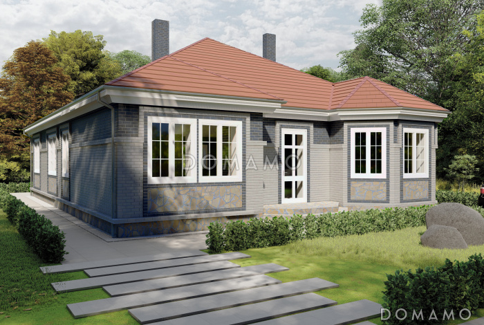 Проект одноэтажного дома с двумя эркерами и подвалом