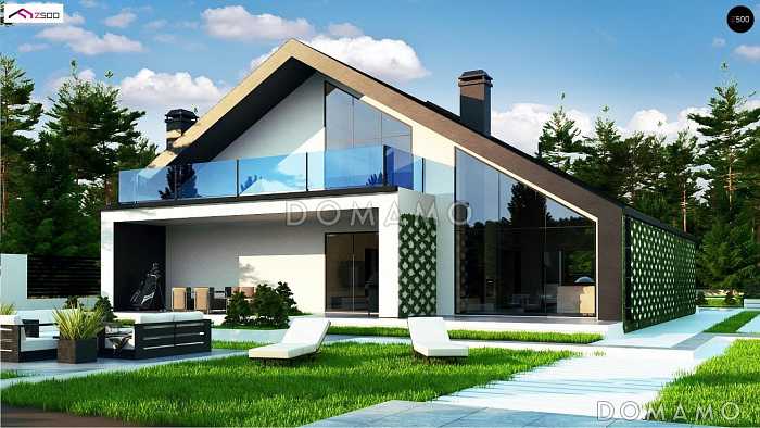 Проект современного одноэтажного мансардного дома с двухскатной крышей из кирпича с четырьмя комнатами и гаражом