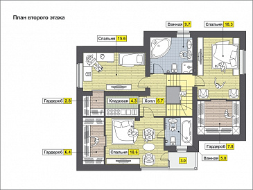 Проект дома с гаражом, гостиной с панорамным окном, тремя спальнями на мансардном этаже, кладовой / План мансардного этажа