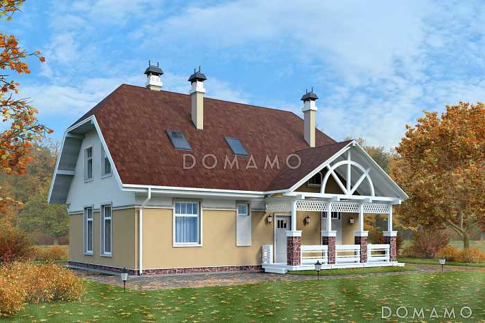 Проект коттеджа с двумя кладовыми и вытянутым крыльцом