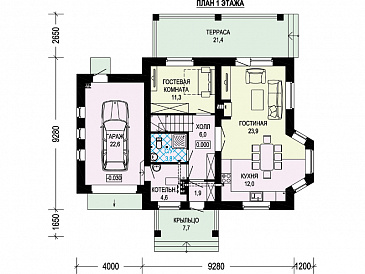Проект дома из кирпича с гаражом, эркером в кухне, террасой / План 1 этажа