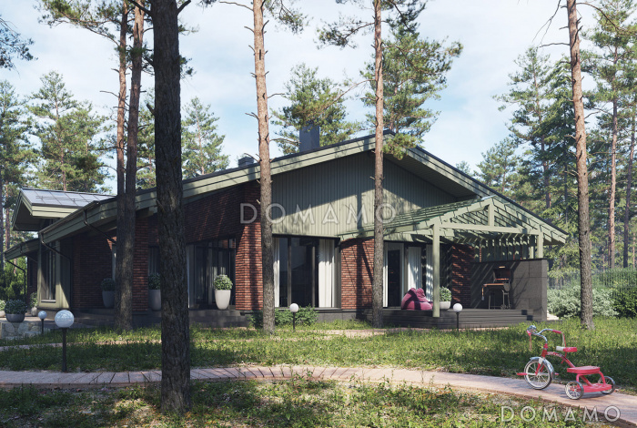 Проект каркасного одноэтажного дома с 3 спальнями, хамамом, верандой-барбекю, крытой и открытой террасами