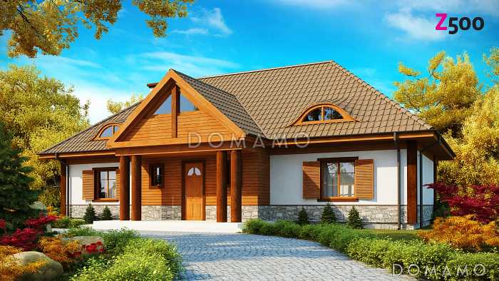 Проект просторного одноэтажного мансардного дома из газобетона с барбекю на крытой угловой террасе