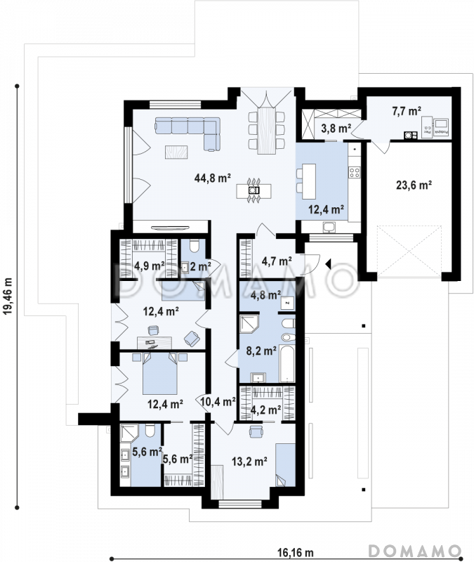 Проект просторного современного одноэтажного углового дома из газобетона с плоской крышей, с гаражом и отделённой спальной зоной / План 1 этажа