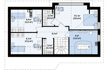 Проект увеличенного одноэтажного мансардного дома из газобетона с гаражом и большим фронтонным окном / План мансардного этажа