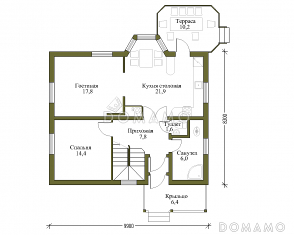 Проект коттеджа из бруса с верандой / План 1 этажа