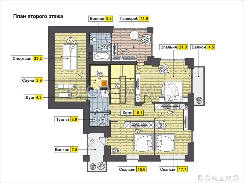 Проект дома с гаражом на одну машину, со спортзалом и душевой на втором этаже, большой мансардой / План 2 этажа