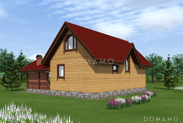 Проект бани с жилой мансардой, террасой и барбекю.