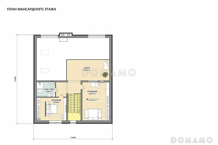 Проект кирпичного двухэтажного дома с гаражом, навесом и террасой / План мансардного этажа