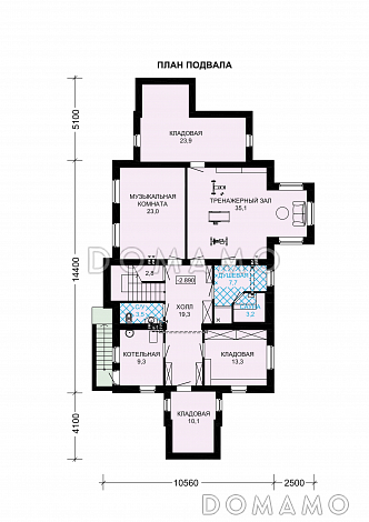 Проект дома из газобетона с просторным балконом на втором этаже / План цокольного этажа
