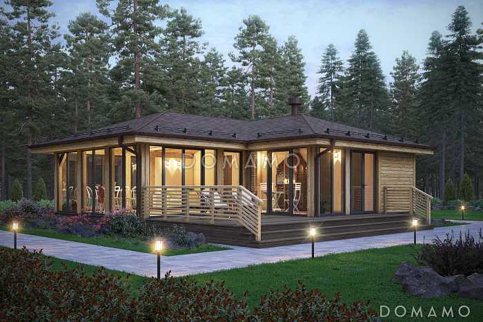 Проект беседки с панорамным остеклением, открытой террасой, столовой, санузлом, кладовой, кухней-гостиной и спальней