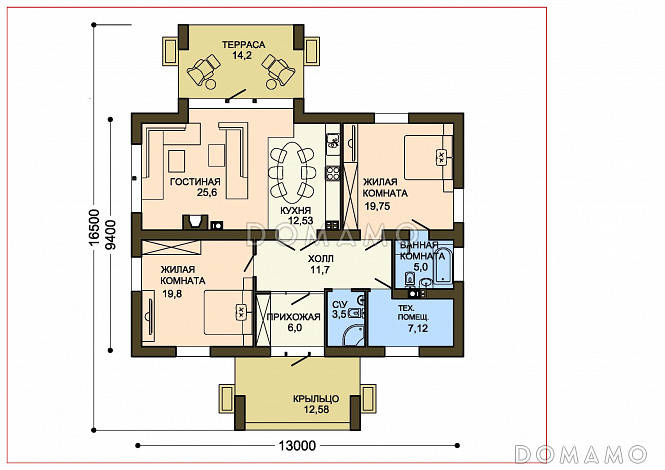 Проект одноэтажного дома с панорамным окном на крытую террасу / План 1 этажа