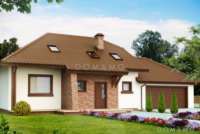 Проект одноэтажного мансардного дома из кирпича с кабинетом, тремя спальнями и гаражом