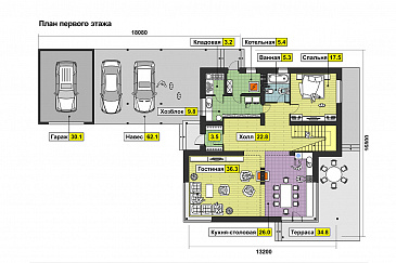 Проект дома с гаражом и навесом для автомобилей, просторной гостиной, спальней на первом этаже, террасой, вторым светом, длинным балконом / План 1 этажа