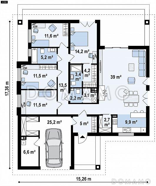 Проект просторного одноэтажного дома из газобетона с тремя спальнями, кабинетом и гаражом / План 1 этажа
