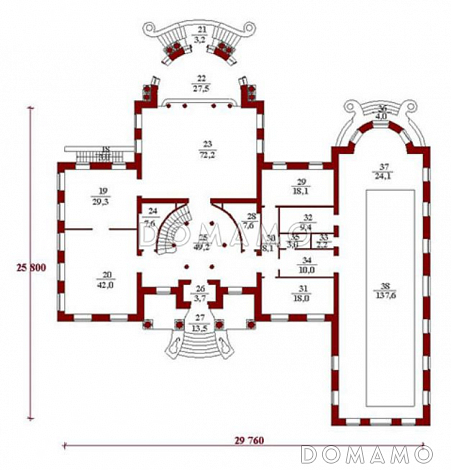 Проект двухэтажного особняка со львами у парадного входа / План 1 этажа