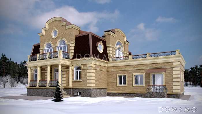 Проект дома с террасой и крытой верандой с колоннами