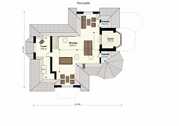 Проект семейного родового дома с террасой, балконами, кабинетами, спортивным залом, сауной / План мансардного этажа