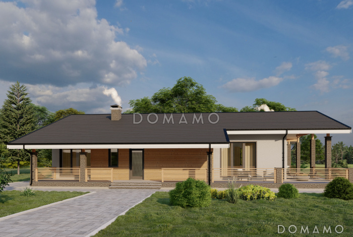 Проект одноэтажного каркасного дома с сауной, просторной террасой и барбекю