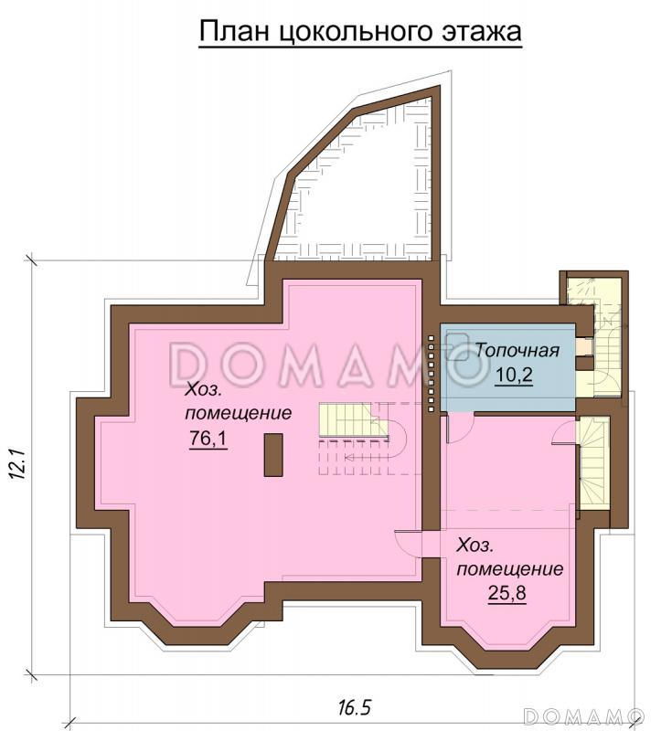 Проект одноэтажного дома с мансардным и цокольным этажами, с двумя эркерами / План цокольного этажа