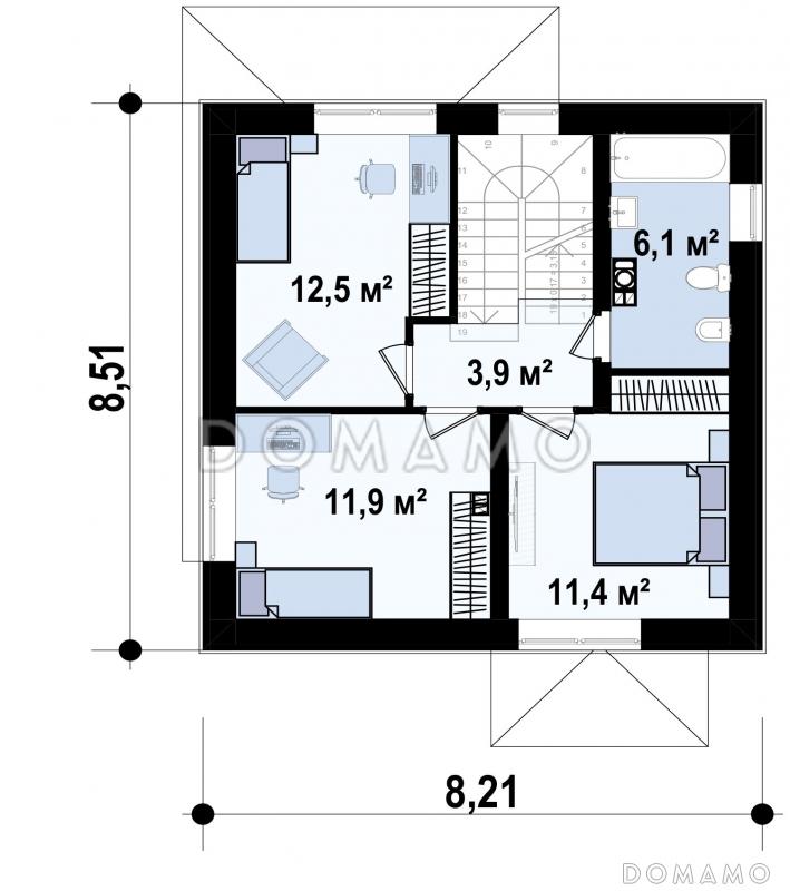 Проект компактного двухэтажного дома с тремя спальнями на втором этаже, удобной прихожей / План 2 этажа