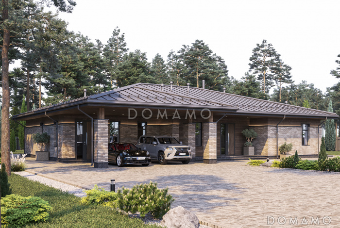 Проект кирпичного дома с 3 спальнями, сауной, угловой террасой, местами для хранения и навесом для двух машин