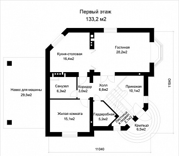 Проект коттеджа с эффектной главной лестницей, со спортзалом в подвале, и угловым крыльцом / План 1 этажа