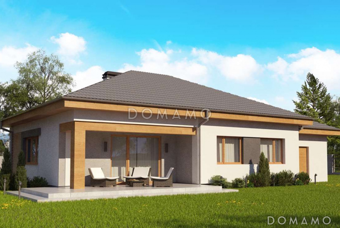 Проект одноэтажного дома из газобетона с тремя спальнями и небольшой крытой угловой террасой, увеличенная версия 273 с гаражом