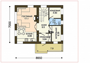 Проект компактного двухэтажного коттеджа с облицовкой входного фасада камнем / План 1 этажа