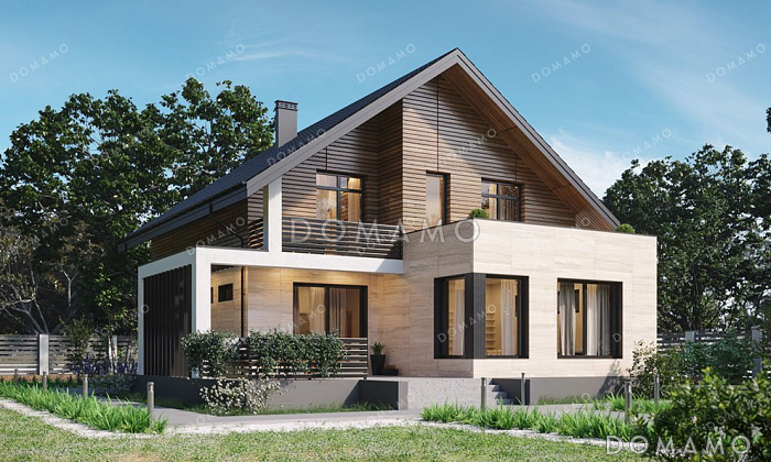 Проект одноэтажного дома с просторной террасой и двумя балконами