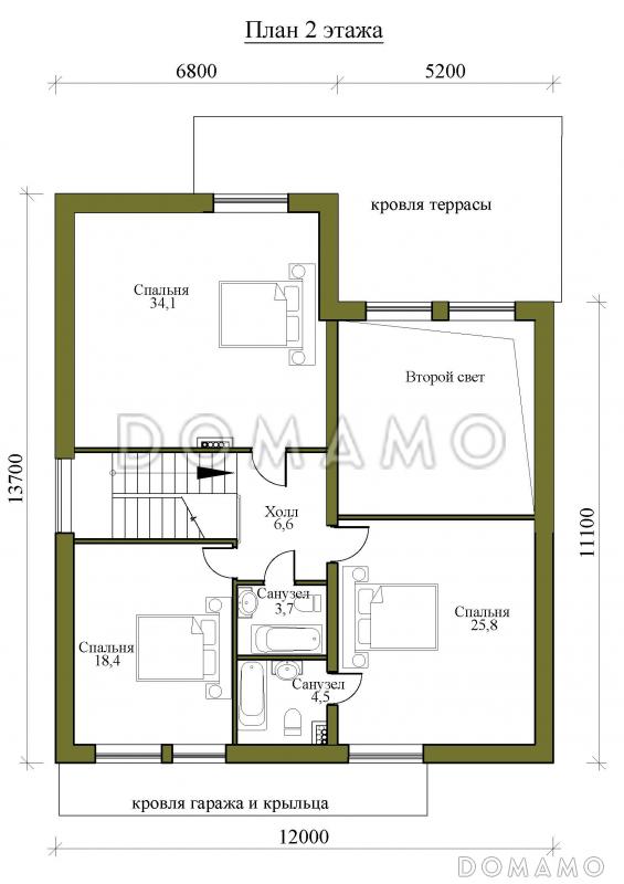 Проект одноэтажного дома в стиле Барнхаус с мансардой, четырьмя спальнями и вторым светом / План мансардного этажа