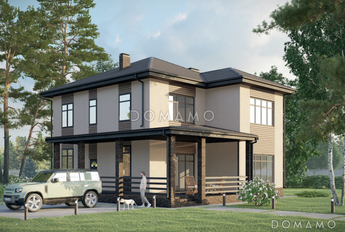 Проект двухэтажного дома с тремя спальнями наверху и одной внизу, крытой террасой и котельной